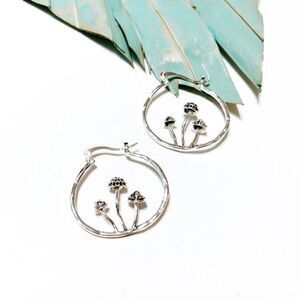 Silver mushroom hoop earrings #240